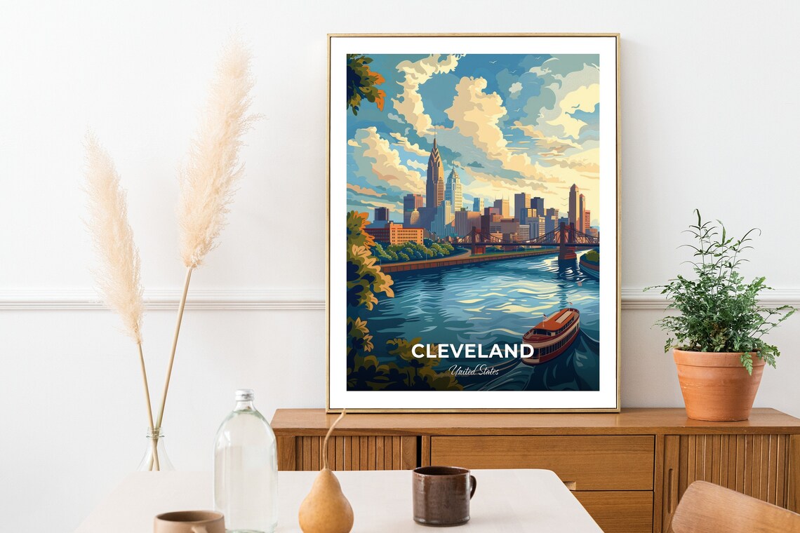 Cleveland Ohio Riverfront Downtown Skyline And Red Tour Boat Poster - Image 2