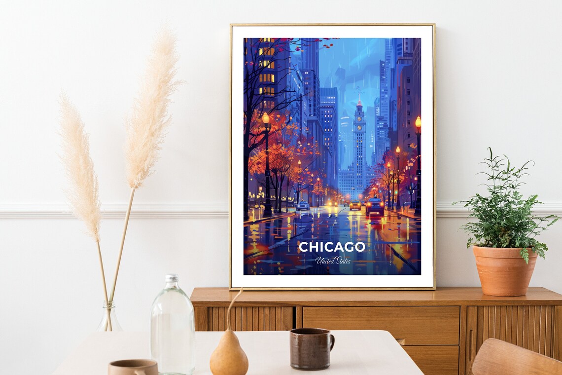 Chicago Magnificent Mile Rainy Night Clock Tower United States Poster - Image 2
