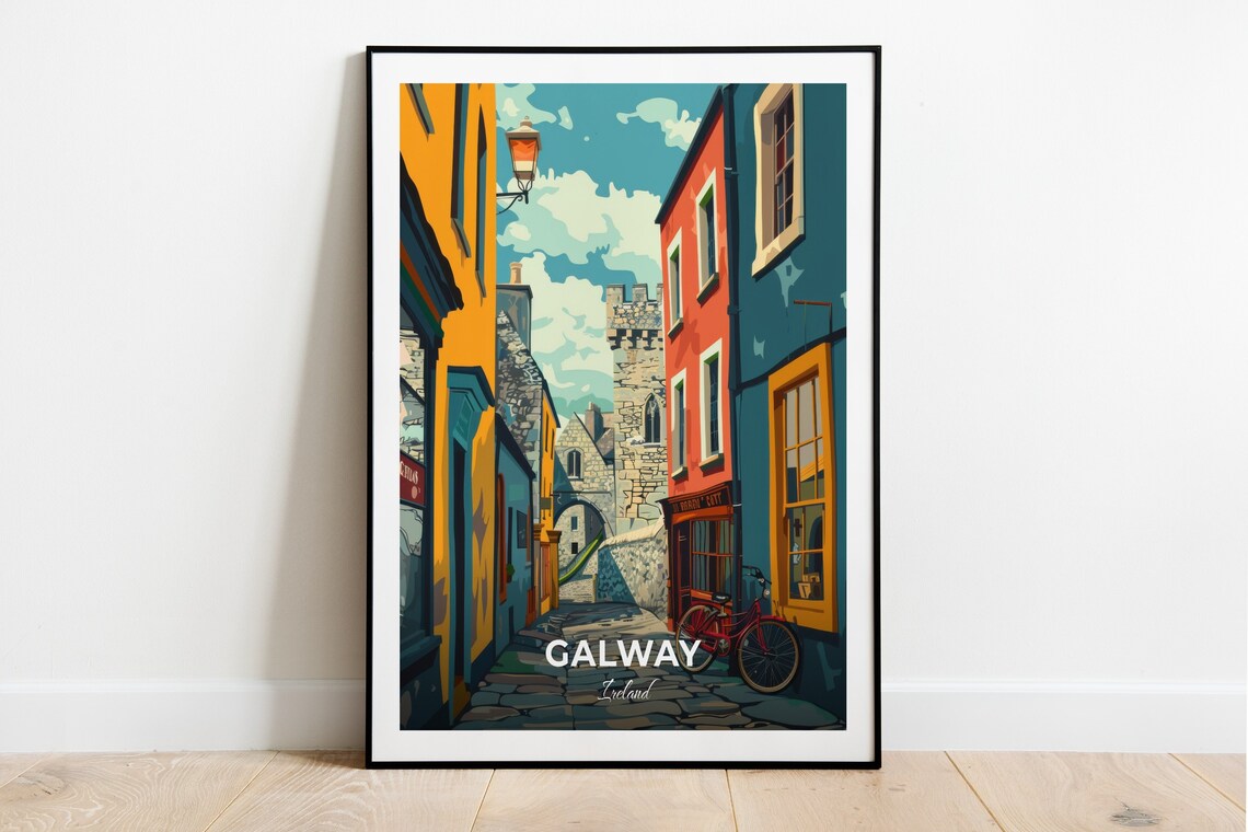 Galway Colorful Narrow Street With Stone Tower Ireland Travel Poster