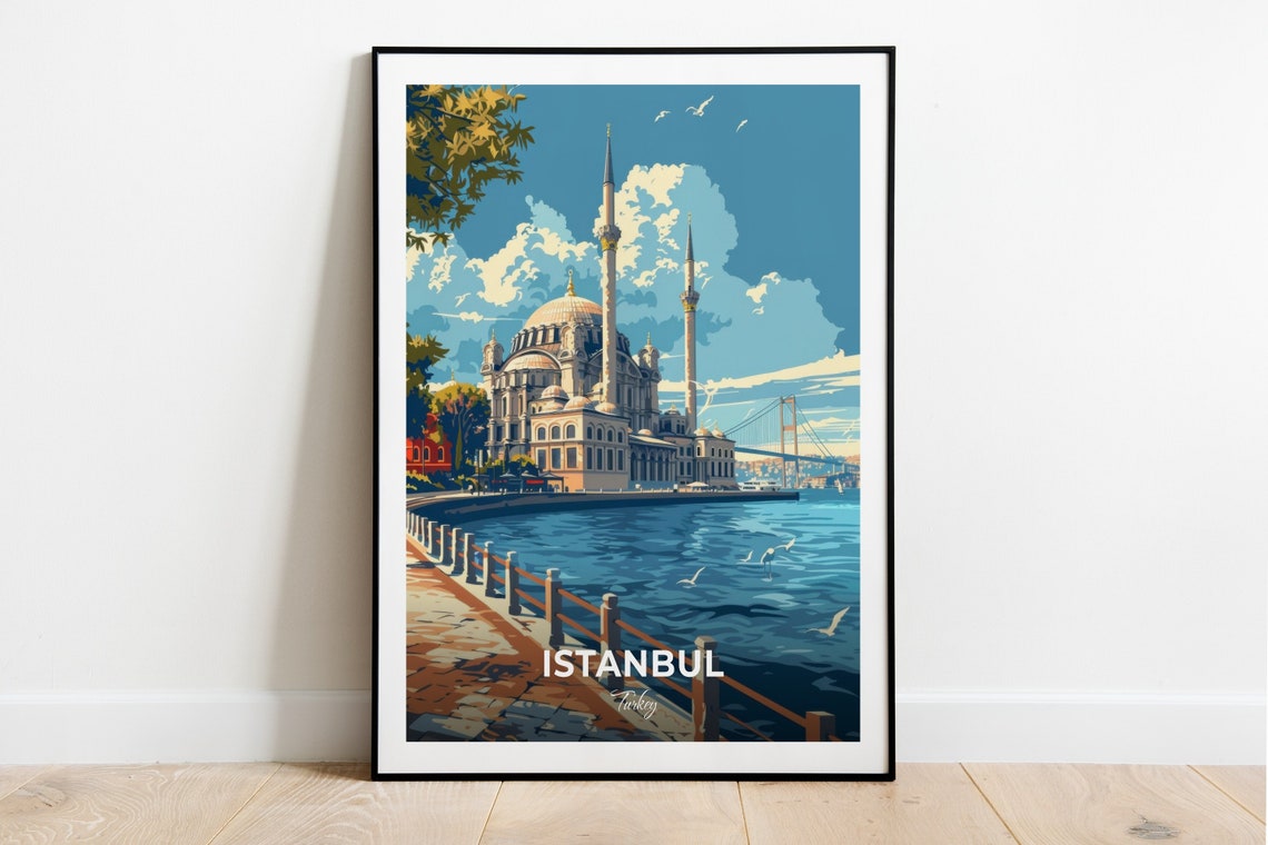 Istanbul Ortakoy Mosque Bosphorus Waterfront Turkey Travel Poster