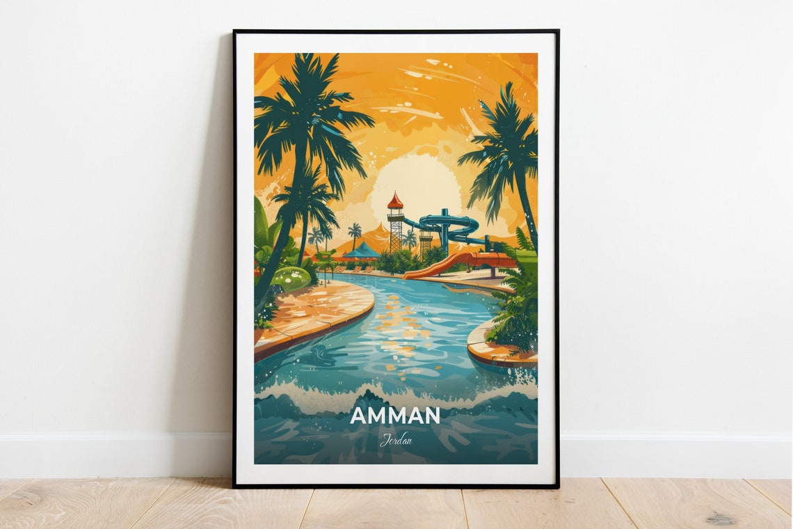 Amman Jordan Water Park Wave Pool Slides Sunset Travel Poster