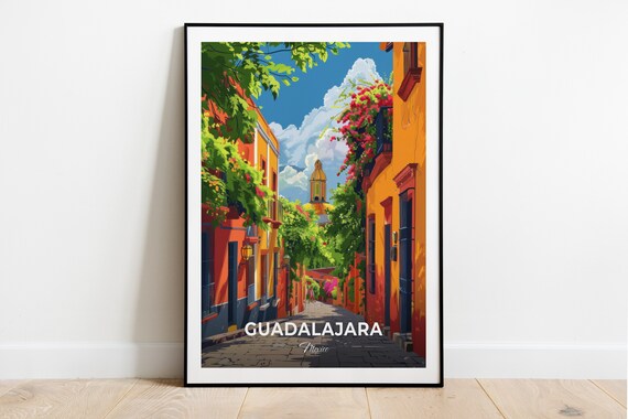Guadalajara Mexico Colorful Colonial Street Travel Poster Floral Art