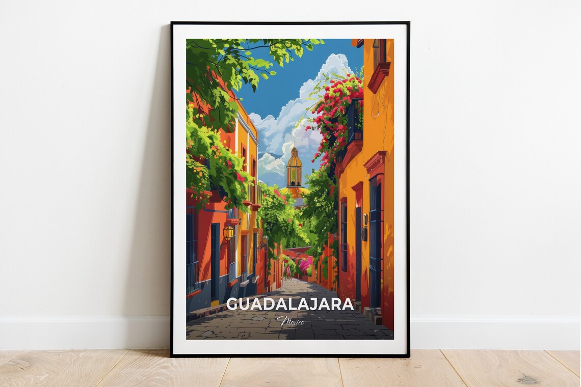Guadalajara Mexico Colorful Colonial Street Travel Poster Floral Art