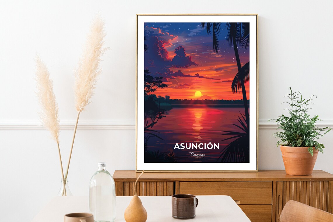 Asunción Paraguay River Sunset Palm Glow Water Travel Poster - Image 2