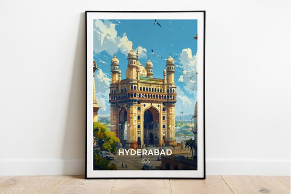 Hyderabad India Charminar Monument Arches Birds Vintage Travel Poster