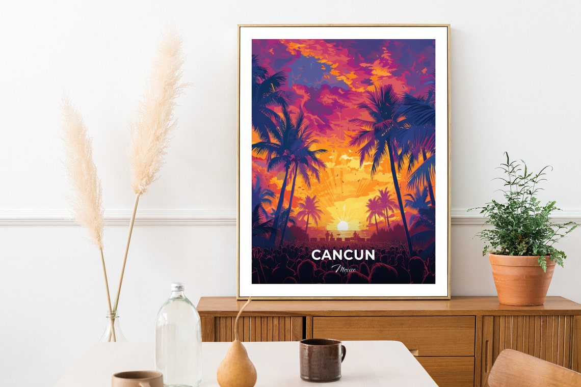 Cancun Mexico Neon Sunset Palm Trees Beach Party Tropical Night Poster - Image 2