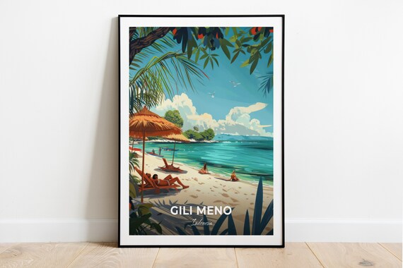 Gili Meno Sandy Beach Sunbathers Straw Umbrellas Indonesia Travel Poster