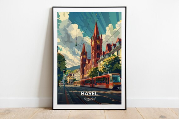 Basel Switzerland Red Church Towers Tram Street Scene Travel Poster