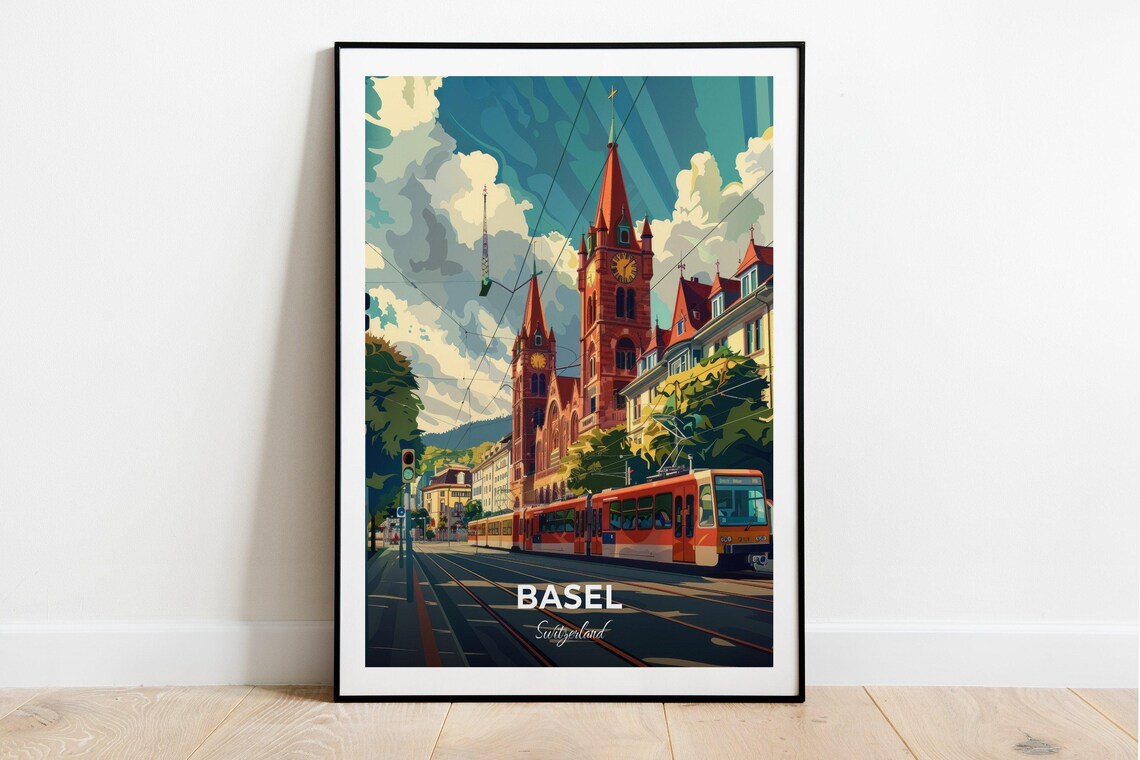 Basel Switzerland Red Church Towers Tram Street Scene Travel Poster