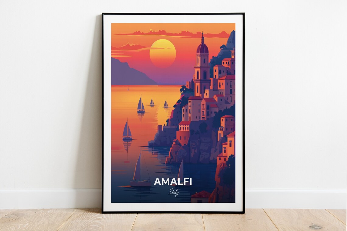 Amalfi Italy Cliffside Sunset Sailboats Coastline Travel Poster