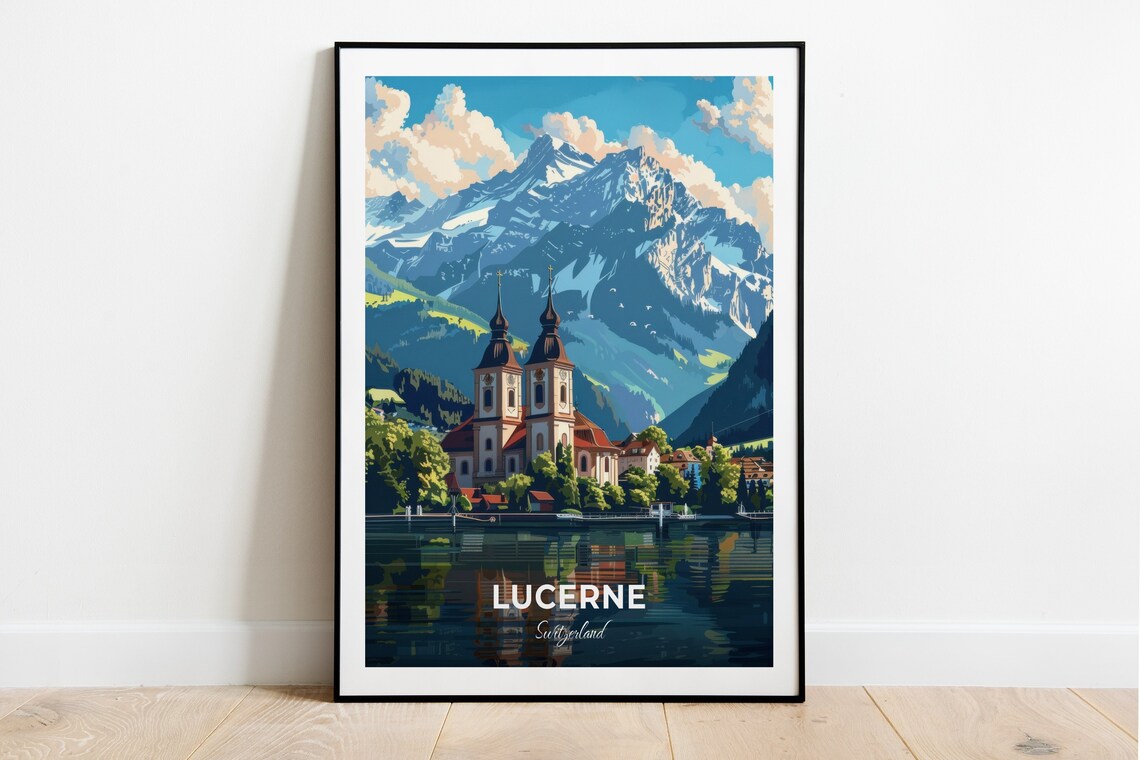 Lucerne Switzerland Hof Church Twin Spires Alpine Lake View Poster