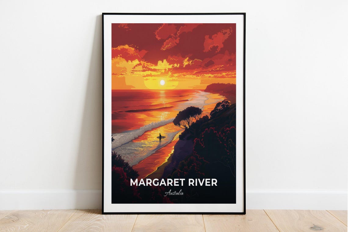 Margaret River Australia Sunset Surf Beach Red Sky View Poster