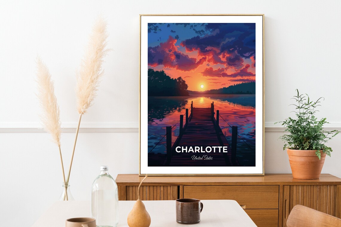 Charlotte Lake Norman Dock Sunset Over the Water United States Travel Poster - Image 2
