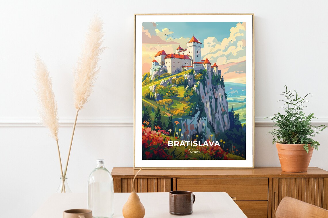Bratislava Slovakia Hilltop Castle Rocky Cliff Danube Travel Poster - Image 2