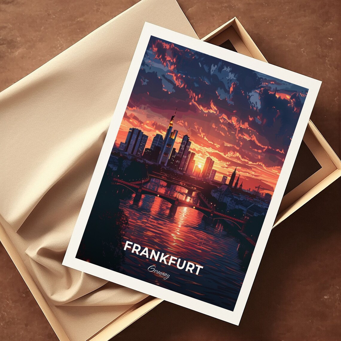 Frankfurt Germany River Main Skyline Crimson Sunset Travel Poster - Image 3