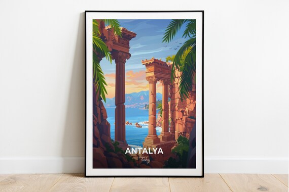 Antalya Ancient Columns by the Sea Turkey Ruins Coast Travel Poster