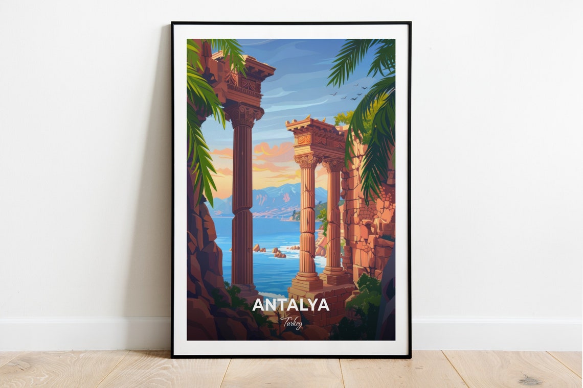 Antalya Ancient Columns by the Sea Turkey Ruins Coast Travel Poster