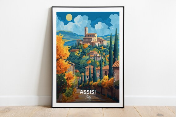 Assisi Italy Umbria Hill Town Church Cypress Trees Travel Poster