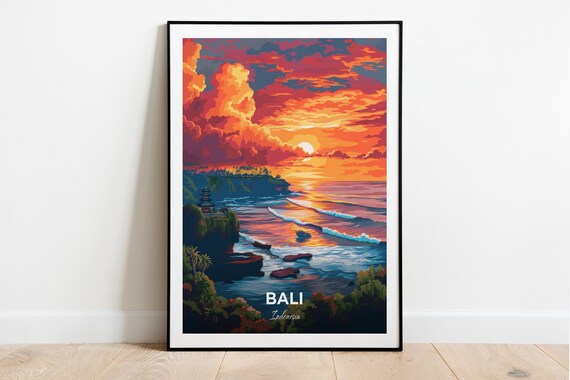 Bali Tanah Lot Sea Temple Sunset Orange Sky Waves Travel Poster