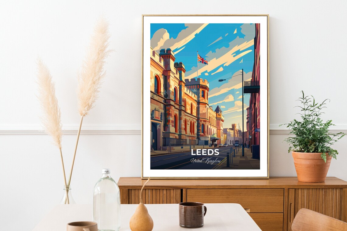 Leeds Historic Stone Architecture Union Jack Travel Poster England - Image 2