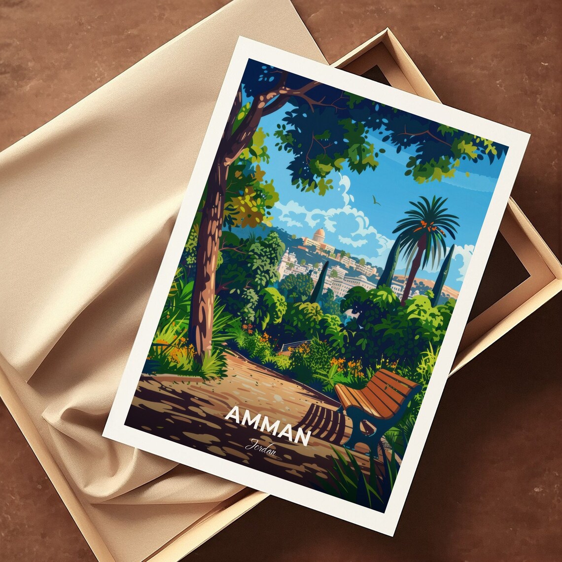 Amman Al Hussein Park Garden Bench Palm Skyline Jordan Travel Poster - Image 3