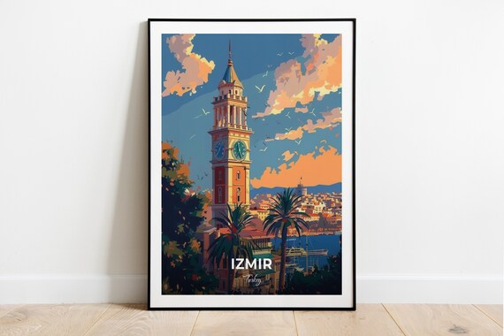 Izmir Turkey Historic Clock Tower Travel Poster Sunset Skyline Art