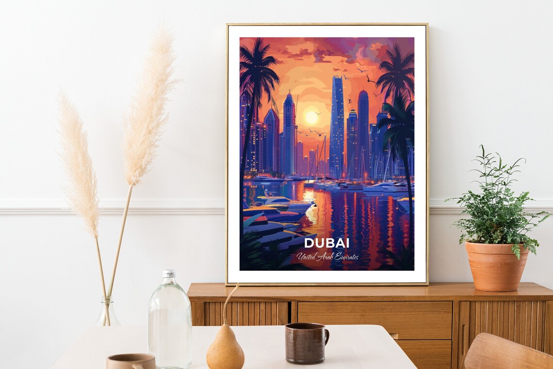 Dubai United Arab Emirates Marina Sunset Skyline Travel Poster - Image 2