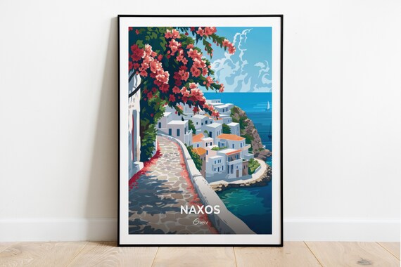 Naxos Greece Whitewashed Old Town Lane Bougainvillea Sea Travel Poster