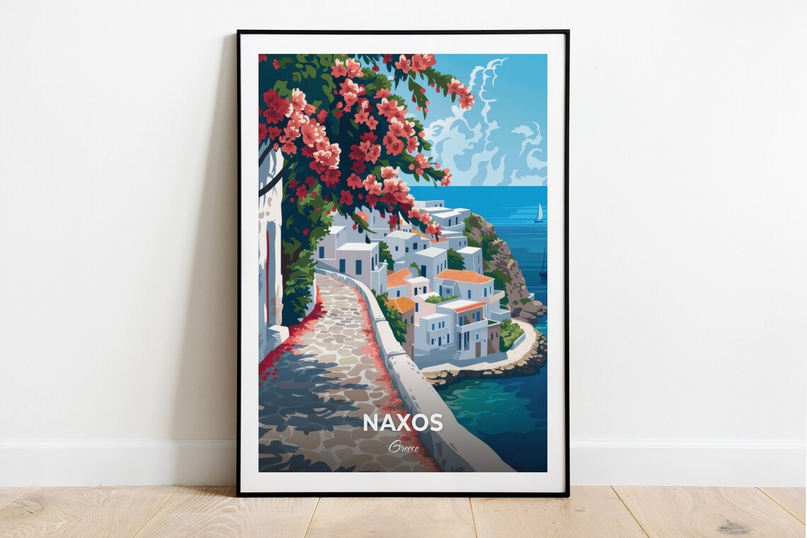 Naxos Greece Whitewashed Old Town Lane Bougainvillea Sea Travel Poster