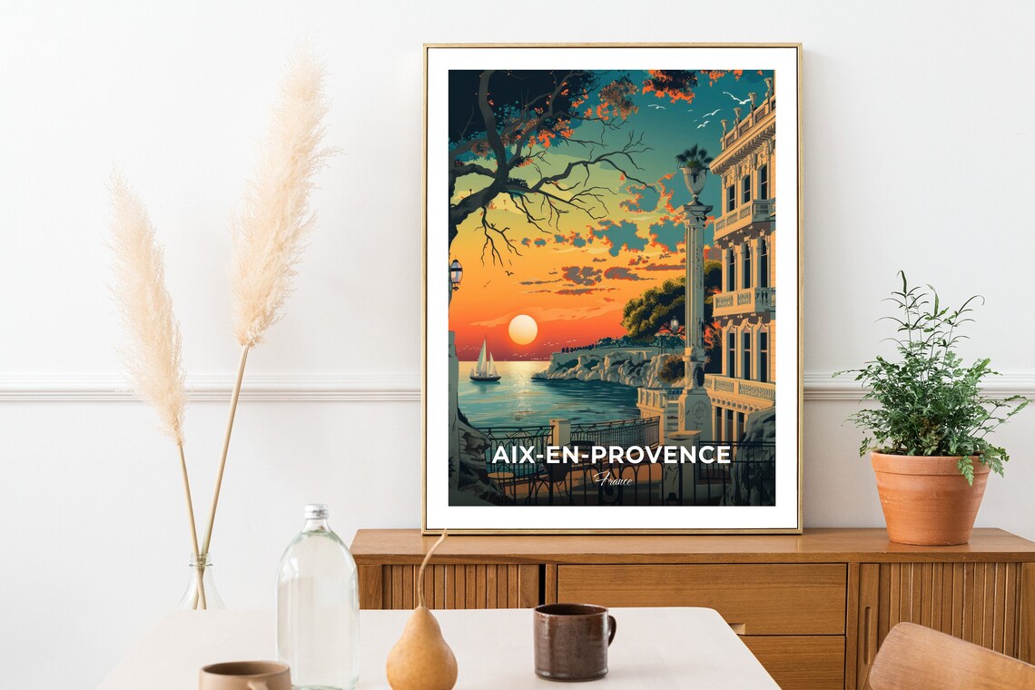 Aix en Provence France Sunset Harbor Terrace Vintage Travel Poster - Image 2
