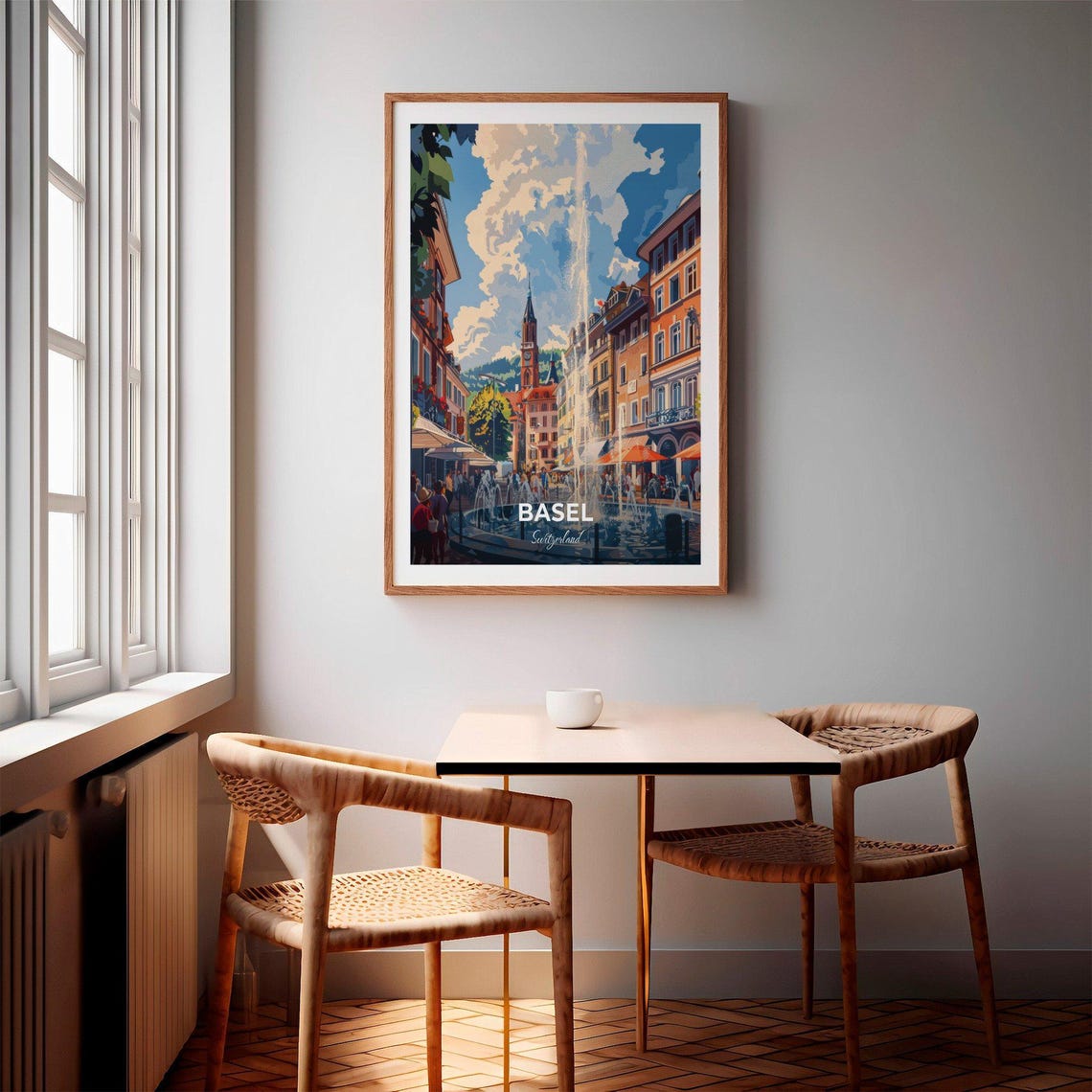 Basel Switzerland Old Town Square Fountain Cafe Scene Travel Poster - Image 2
