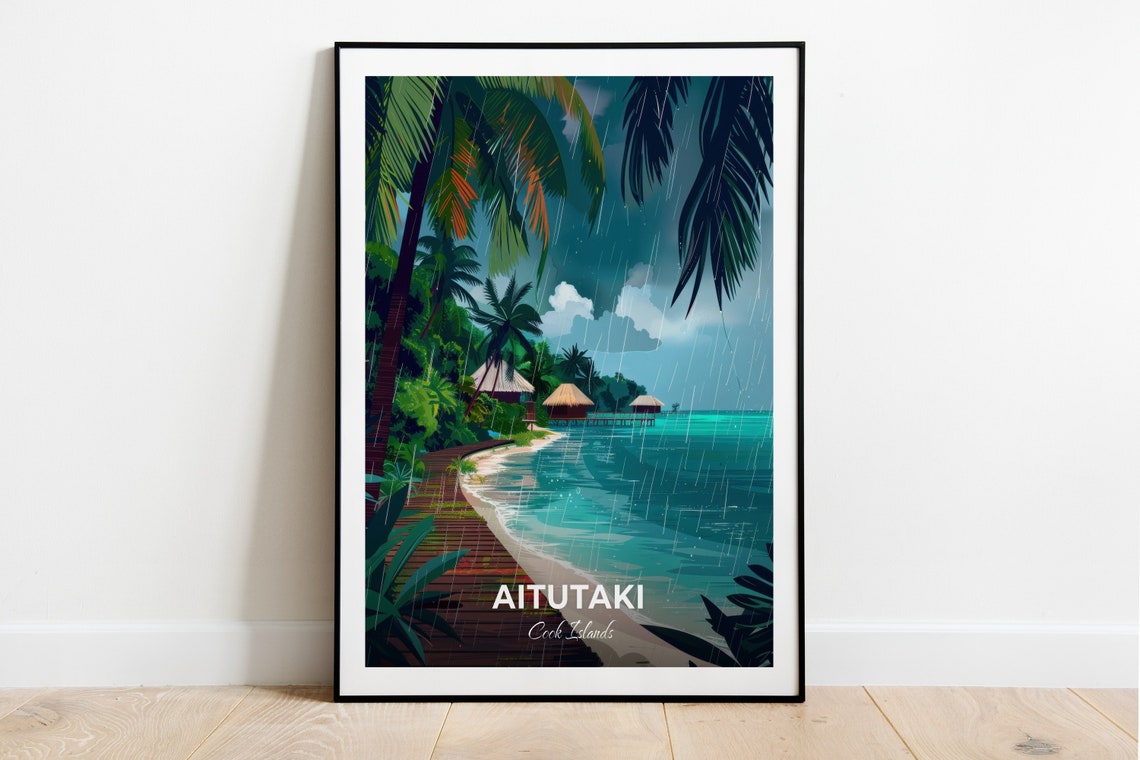 Aitutaki Cook Islands Tropical Rain Over Lagoon and Palm Huts Poster