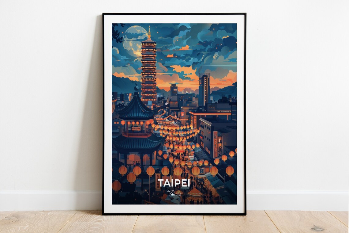 Taipei Shilin Night Market Lanterns Glowing Night Skyline Travel Poster
