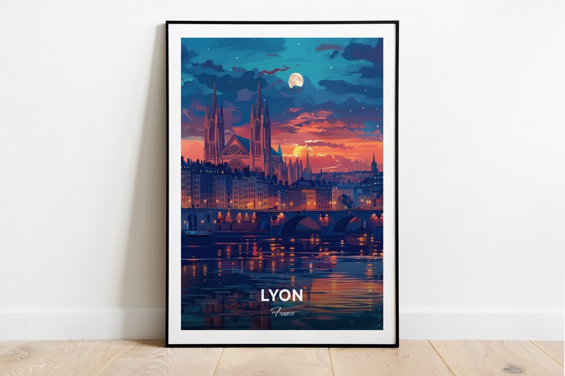 Lyon France Gothic Cathedral At Dusk Under Rising Moon And Lights Poster