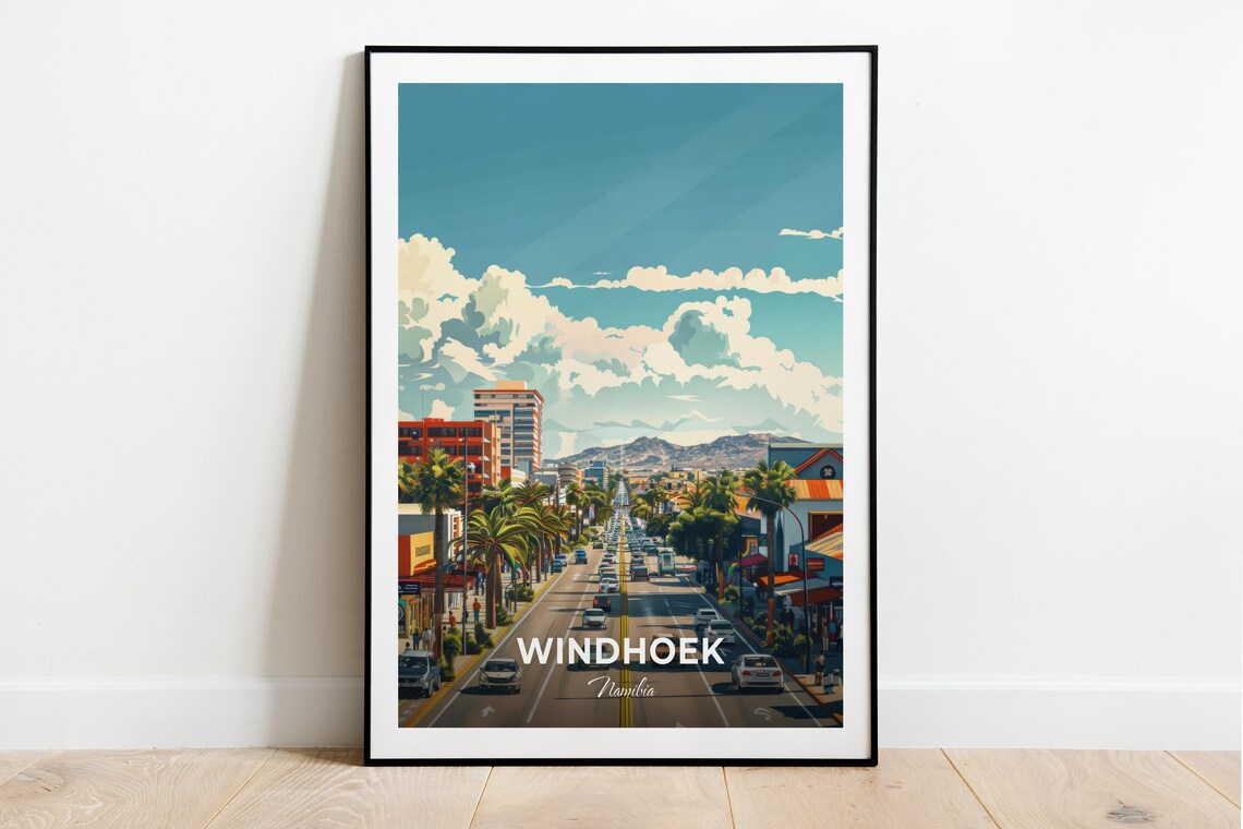 Windhoek Namibia Palm Lined Avenue Cityscape Vintage Travel Poster