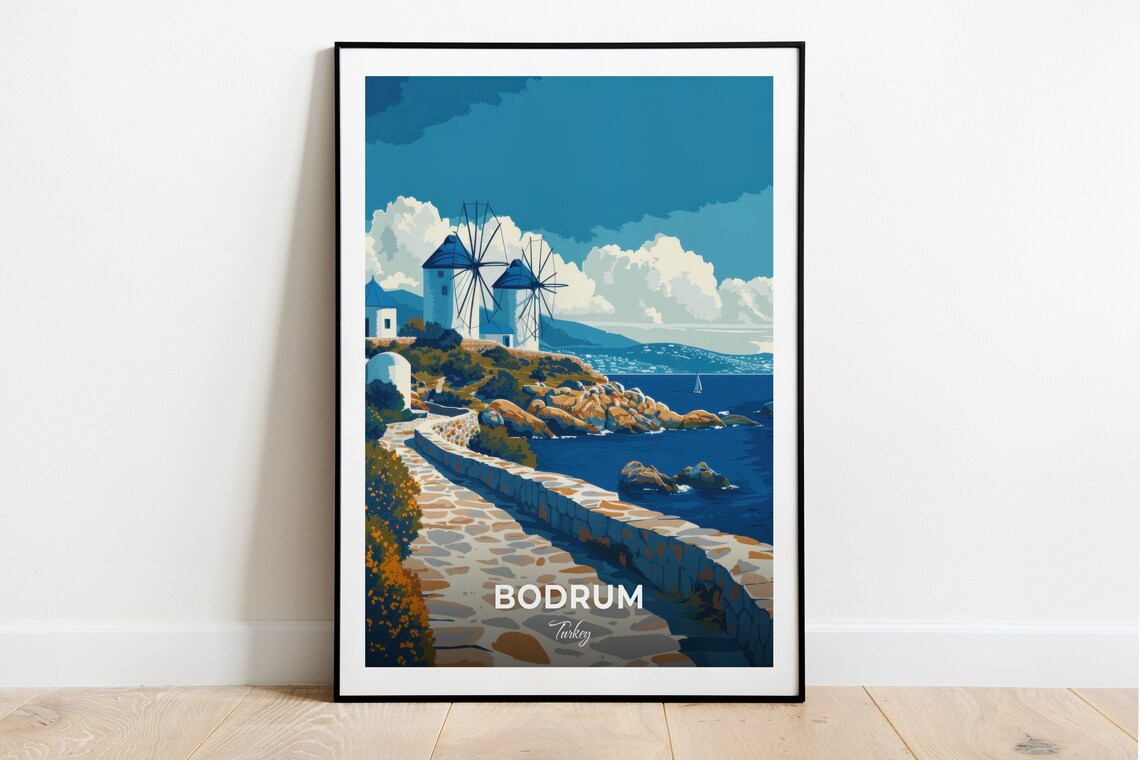 Bodrum Turkey Classic Windmills Rocky Shore Deep Blue Sea Poster