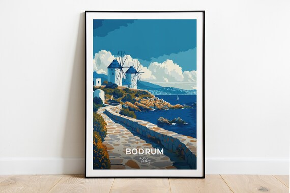 Bodrum Turkey Classic Windmills Rocky Shore Deep Blue Sea Poster