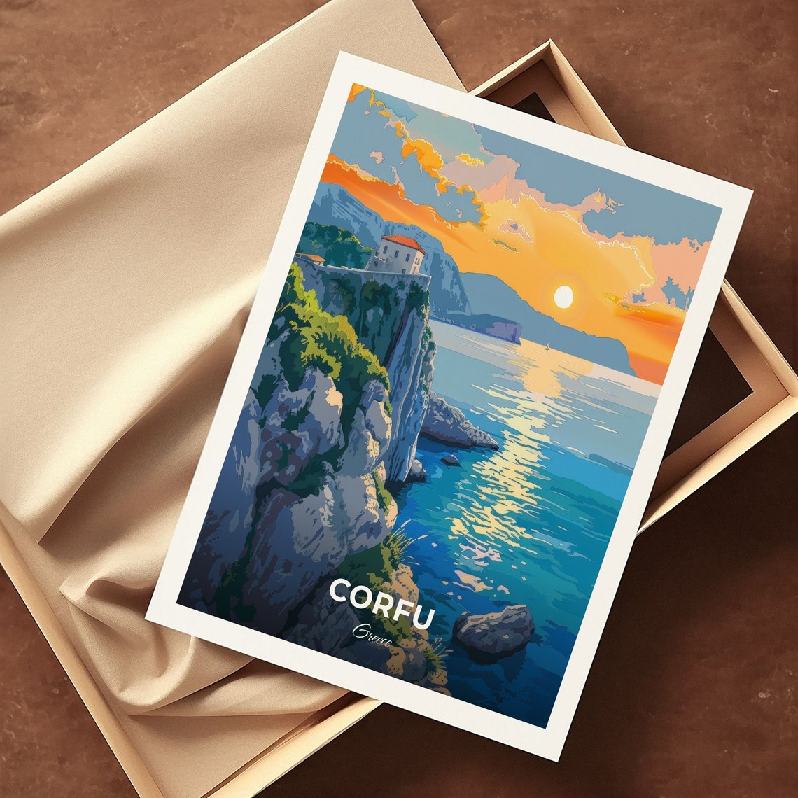 Corfu Greece Cliffside Chapel Sunset Ionian Sea View Travel Poster - Image 3