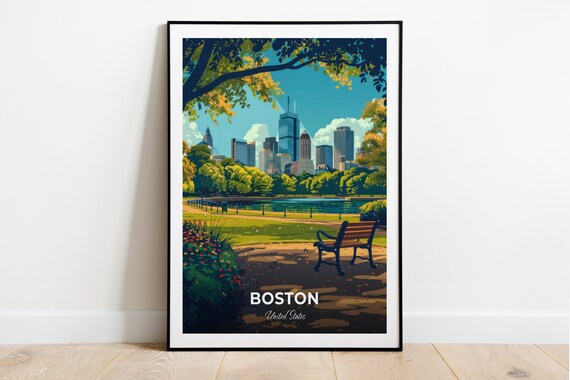Boston Common Skyline View Park Bench City Travel Art Poster