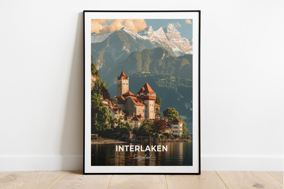Interlaken Switzerland Lakeside Castle Alpine Peaks Travel Poster