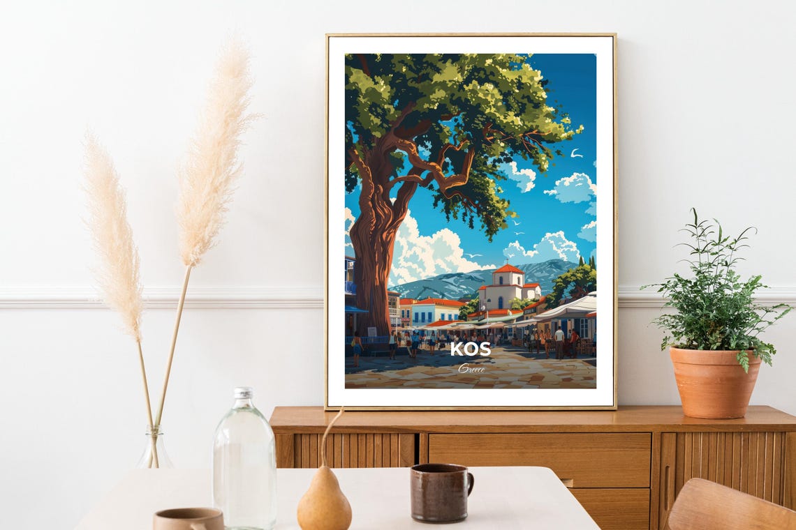 Kos Greece Old Town Square Giant Tree Church Sunny View Poster - Image 3