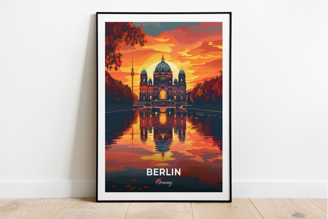 Berlin Germany Cathedral Sunset River Reflection Travel Poster