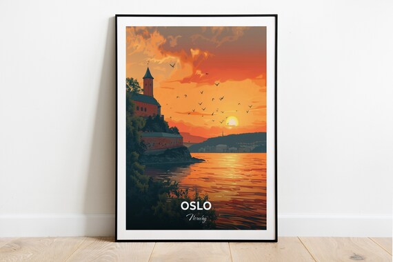 Oslo Akershus Fortress Sunset Over the Fjord Norway Harbor Travel Poster