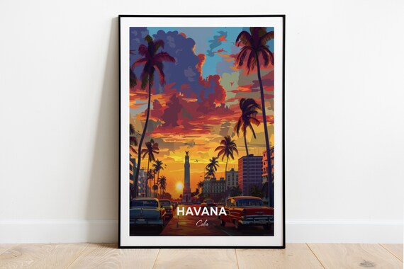 Havana Cuba Plaza de la Revolucion Classic Cars Sunset Travel Poster