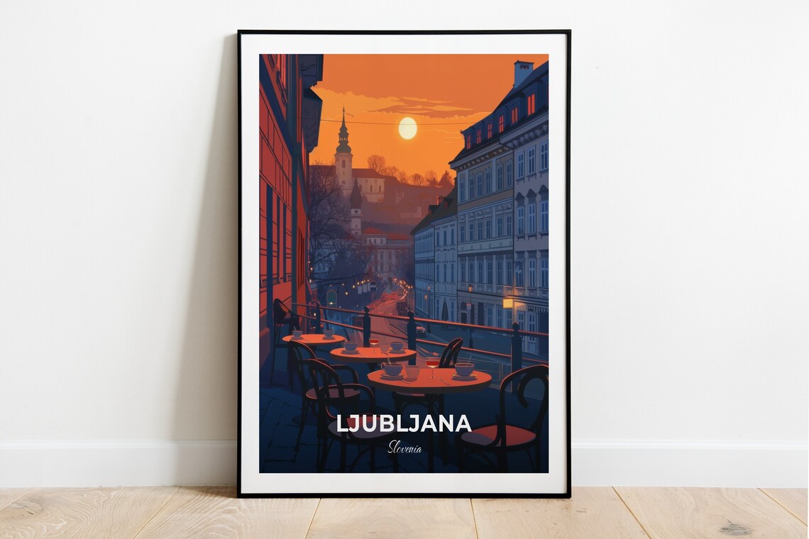 Ljubljana Slovenia Evening Cafe Terrace Old Town Travel Poster