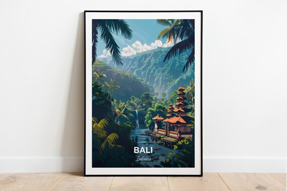 Bali Tirta Empul Temple Jungle Waterfall Serene Travel Poster