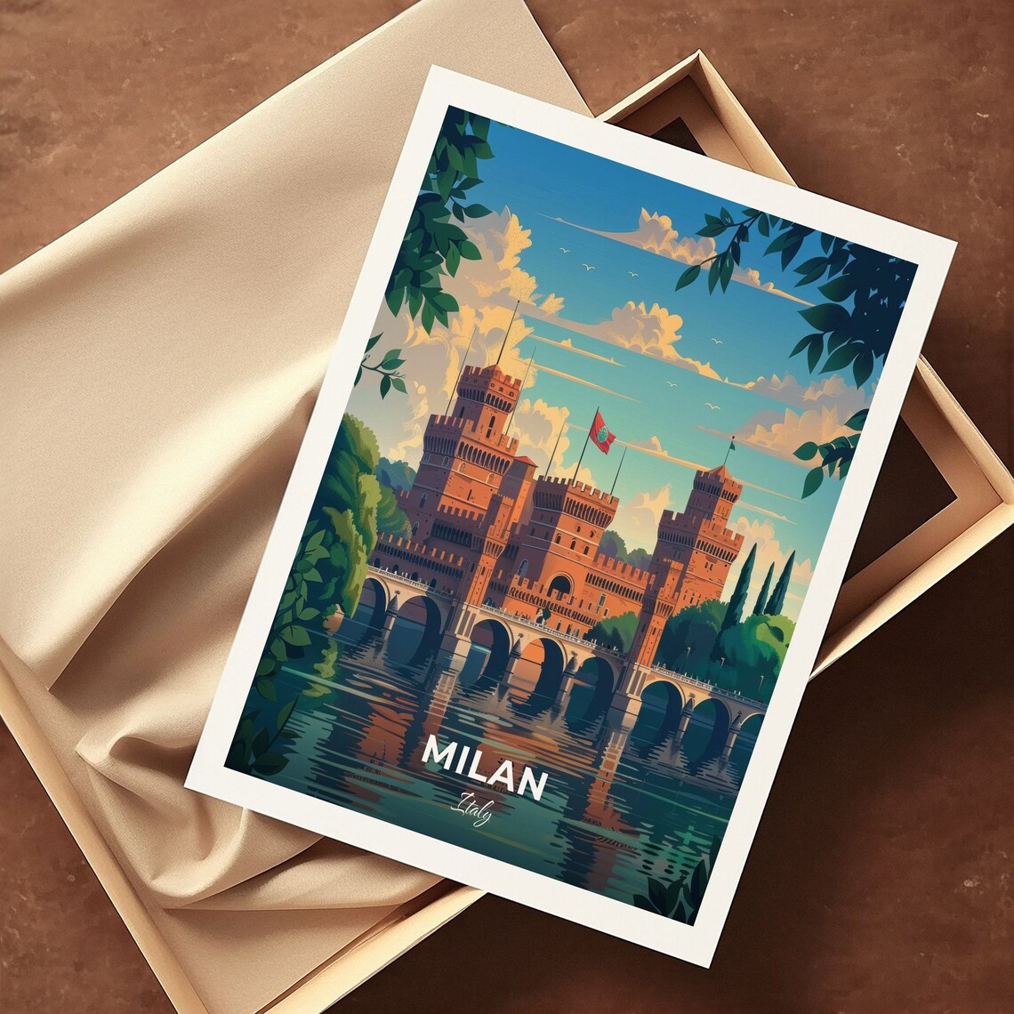 Milan Italy Historic Red Brick Castle Reflecting Over Calm Water Poster - Image 3