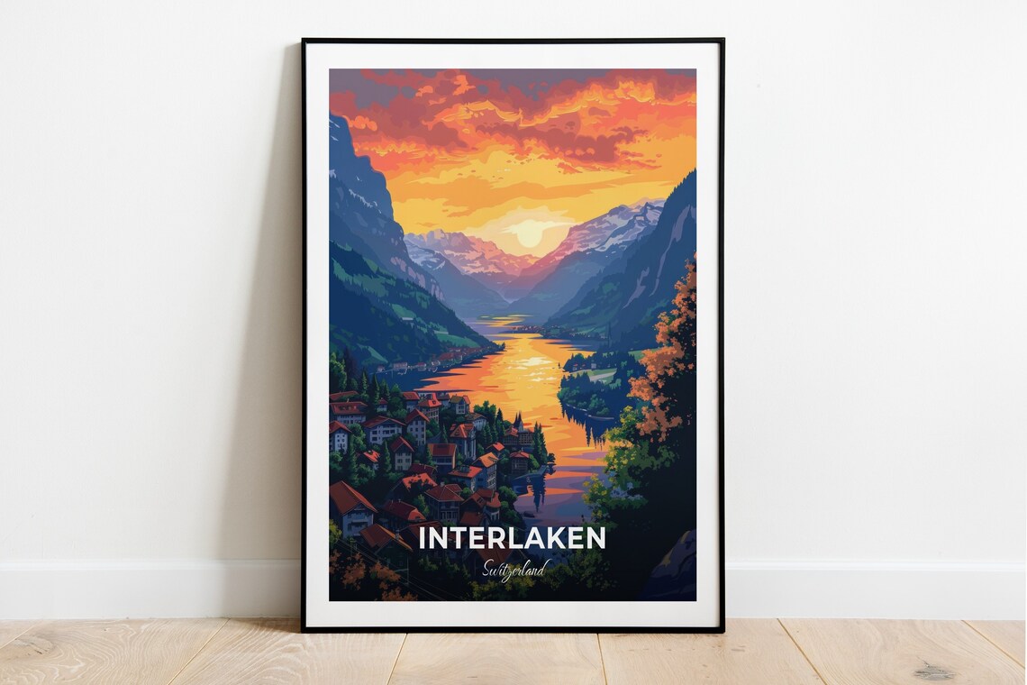 Interlaken Sunset Valley Village Golden Lake Reflection Poster