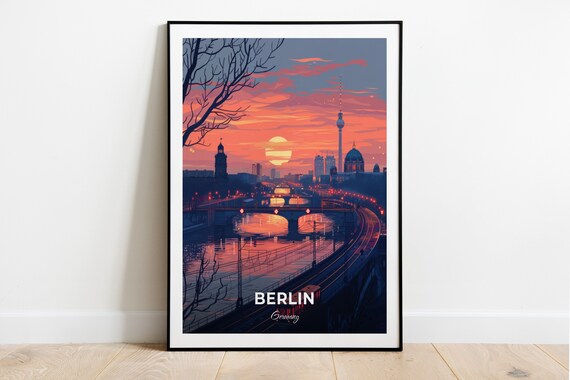Berlin Germany City Skyline Sunset TV Tower River Travel Poster