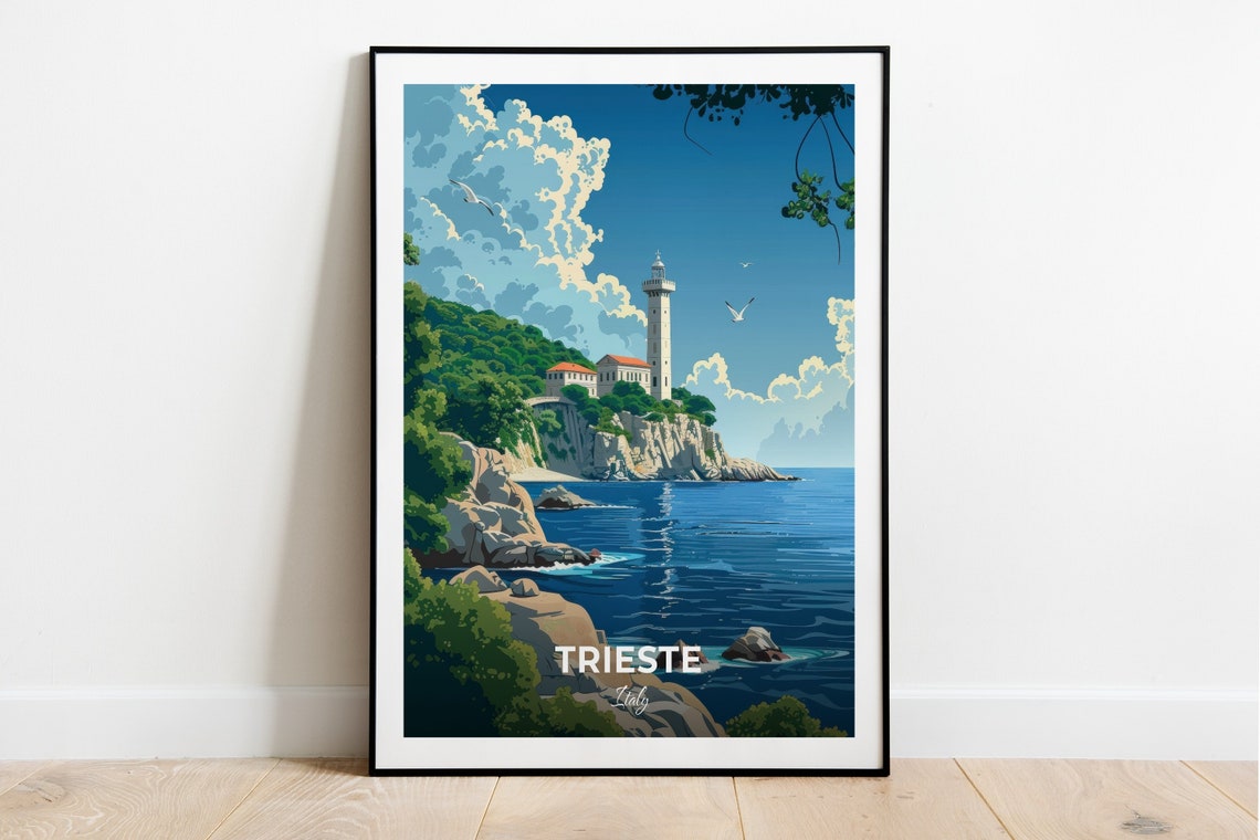 Trieste Italy Coastal Lighthouse Rocky Cliffs Seaside Travel Poster